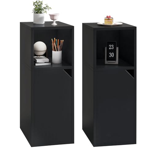 YMYNY Nachttisch 2er Set mit Tür, Schmal, Beistelltisch, Offenes Fach, Einstellbare Innere Ablage, B24 x T29 x H62 cm, Nachtschrank aus Holz, für Schlafzimmer, Wohnzimmer, Schwarz HST016B-2