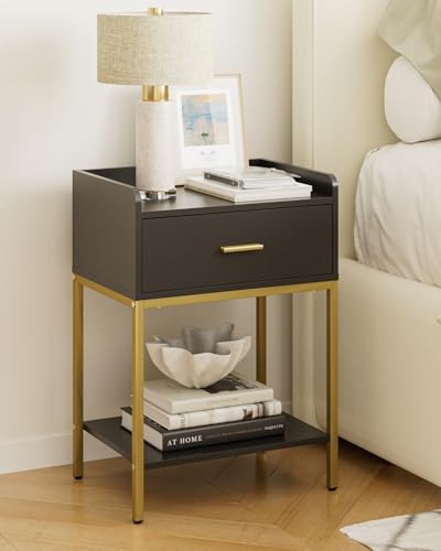 HEYZOEY Nachttisch, 3-Tier moderner Nachttisch Nachttisch mit Aufbewahrungsschublade und Regal, Kleiner Beistelltisch für Schlafzimmer, Wohnzimmer, schwarz (ohne Steckdose, schwarz)