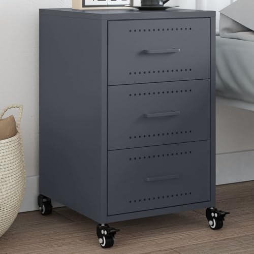 Tonture Nachttisch Anthrazit 36x39x59 cm aus kaltgewalztem Stahl mit 3 Schubladen, rollbar, ideal für Schlafzimmer und Wohnzimmer, vielseitiger Beistelltisch