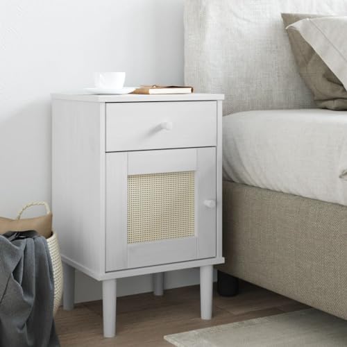 Rantry Nachttisch Nachtschrank Sofatisch Beistelltisch Nachtkommode Nachtkonsole Beistelltisch für Schlafzimmer Wohnzimmer Bett Rattan-Look Weiß 40x35x65 cm Massivholz Kiefer