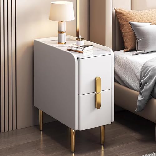 Schlanker Nachttisch für kleine Räume – Moderner, minimalistischer Nachttisch mit PU-Leder-Finish, Metallbeinen und Stauraum mit zwei Schubladen – perfekter schmaler Beistelltisch für Schlafzimmer und