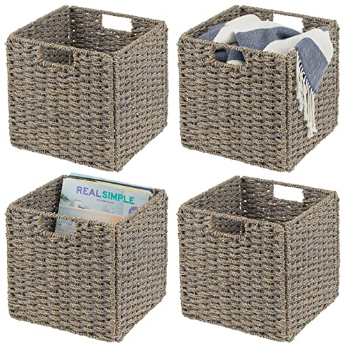 mDesign 4er-Set Aufbewahrungskorb – faltbare Aufbewahrungsbox aus Seegras – Regalkorb mit Flechtmuster – ideal zur Aufbewahrung in Würfelregalen – grau