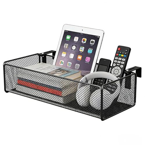 Bett Organizer zum Einhängen, Hängender Nachttisch-Organizer, Metall Multifunktionaler Aufbewahrungskorb mit Haken für Bücher, Handy für Etagenbetten, Schlafsaal, Wohnheim, Zuhause (Schwarz)