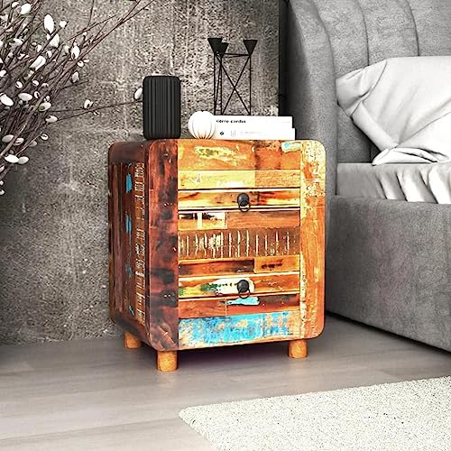 LVHUIDEH Nachttisch mit 2 Schubladen, Beistelltisch, kompakte Nachtschrank, Nachtkonsole für Schlafzimmer Wohnzimmer, Antik-Stil, 43 x 33 x 51 cm, Massives Altholz
