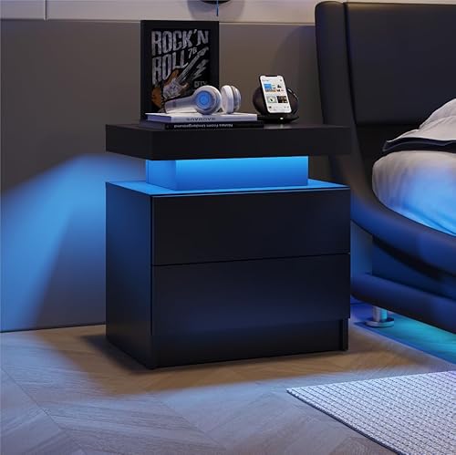 ZONJIE Nachttisch mit LED-Beleuchtung, Smart Nachttisch, Led schubladenschrank mit USB Ladefunktion & Kabelloses Laden, Moderner Bedside Table Beistelltisch (Art Deco, Schwarz+2 Schubladen)