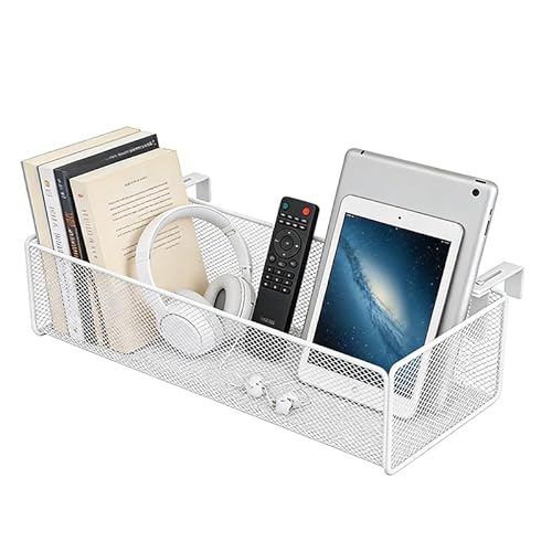 BUERPINKING Bett Organizer zum Einhängen, Hängender Nachttisch-Organizer, Metall Multifunktionaler Aufbewahrungskorb mit Haken für Bücher, Handy für Etagenbetten, Schlafsaal, Wohnheim, Zuhause (Weiß)