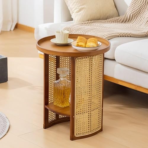 Runder Rattan-Beistelltisch, 2 Etagen, Bambus-Akzenttisch, Wohnzimmer, Couchtisch, Nachttisch für Balkon, kleines Sofa, Beistelltisch, stilvolle Heimdekoration