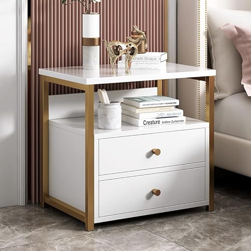 Foeska Nachttisch, 40 * 34 * 50cm Beistelltisch offene Fächer, Nachtkommode mit 2 Schubladen, Moderner Stil,zur Aufbewahrung für Schlafzimmer, Wohnzimmer (White)